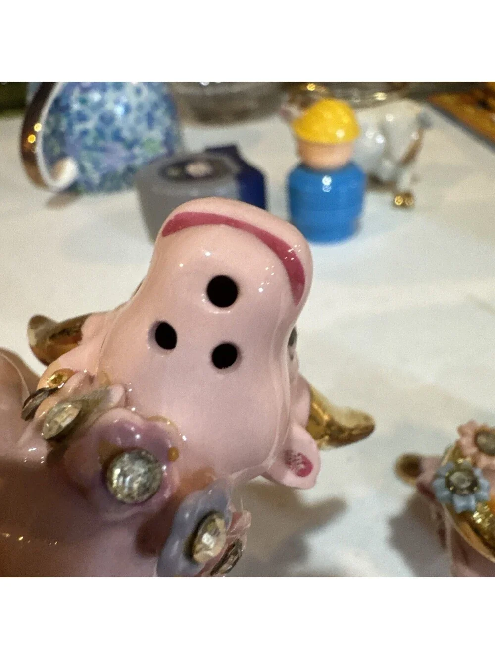 1950s pink and gold ceramic cow and bull salt and pepper shakers